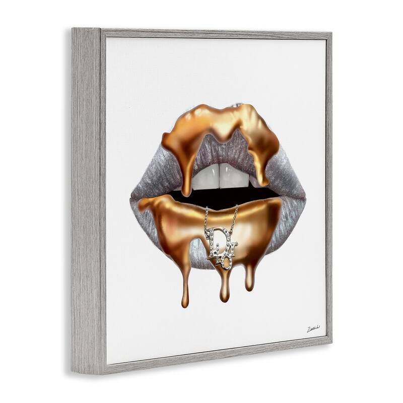 Stupell Glam Silver Lip Portrait Fashion With Gold Drip Framed Wall Art,12x12