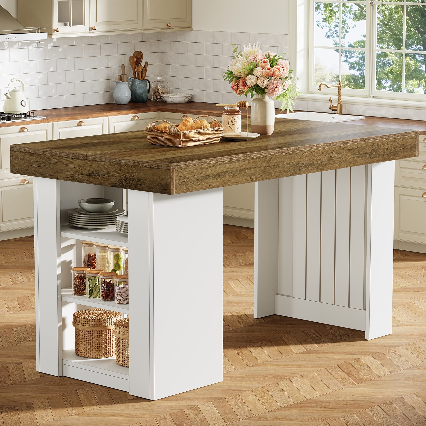 55'' Kitchen Island with Storage, Farmhouse Stationary Island Table
