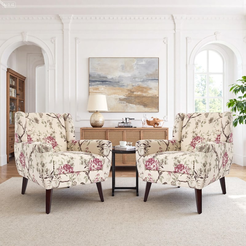 2 Set Modern Tufted Linen Upholstered Accent Chair Faux Leather Armchair