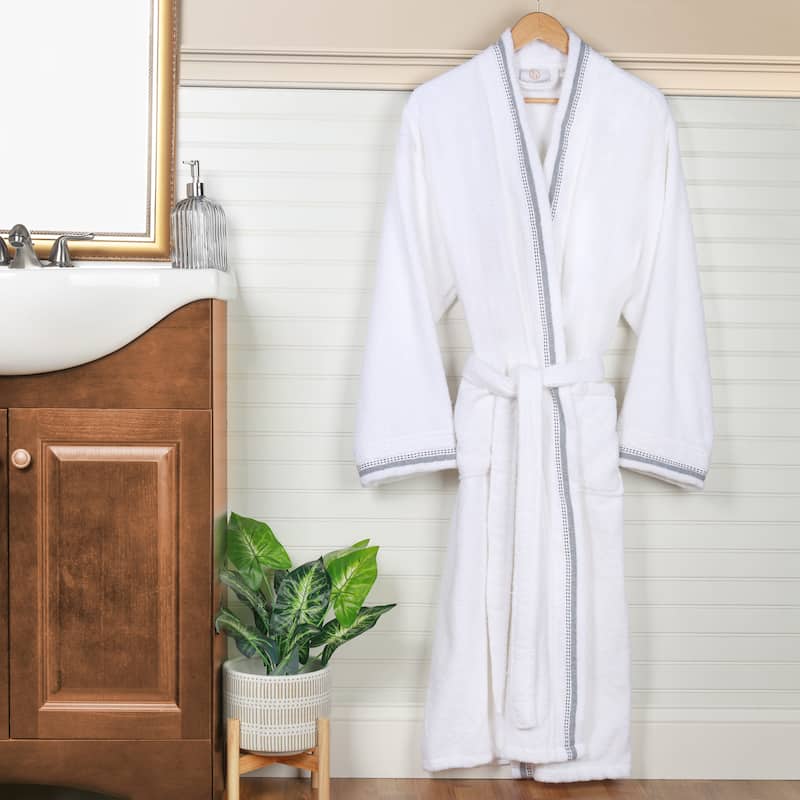 Superior Unisex Turkish Cotton Terry Kimono Bathrobe with Embroidery Robe - Small - Charcoal/White