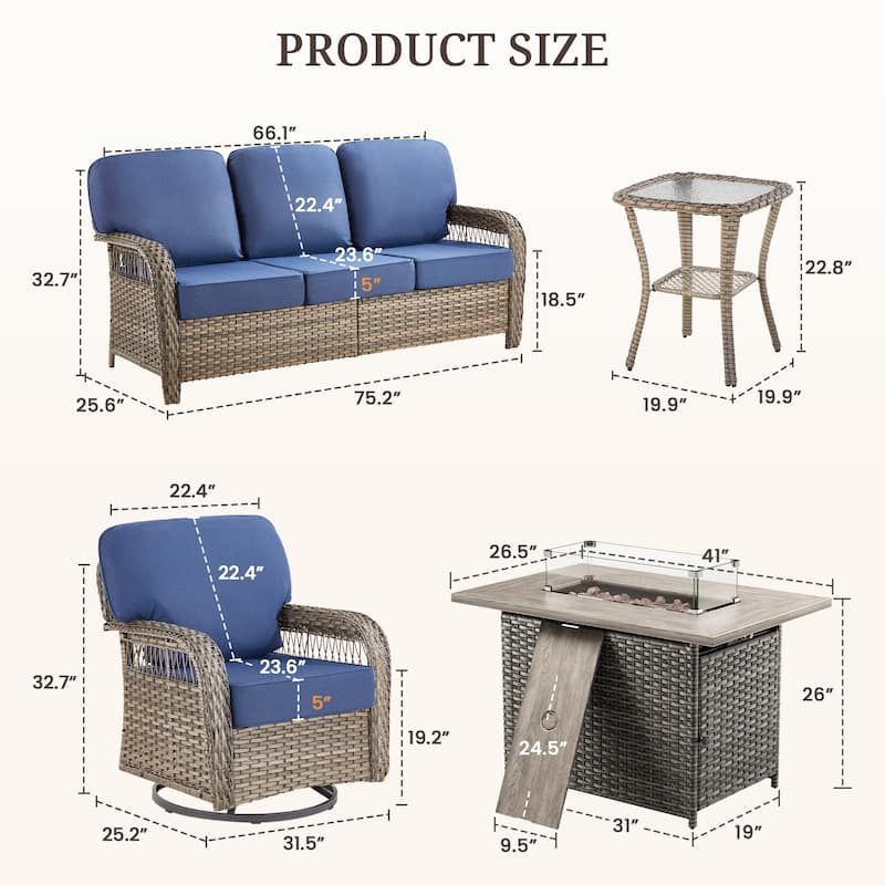 Pocassy Outdoor Fire Pit Table with Swivel Chair Sofa Ottoman Set.