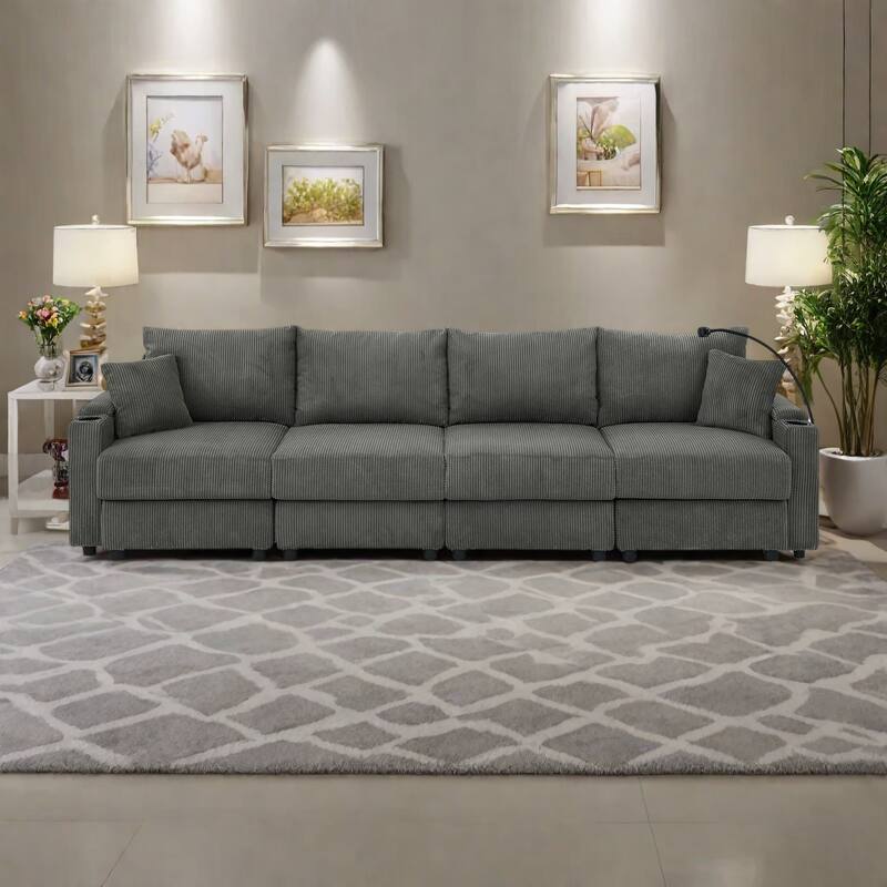 132" Corduroy 5-Seater Sofa with Cup Holders and Phone Holder,High-Density Cushions - Grey