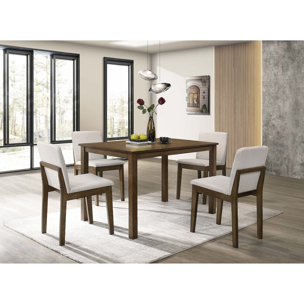 5pc Dining Set Upholstered Chairs Back Support Dark Walnut And Beige Finish