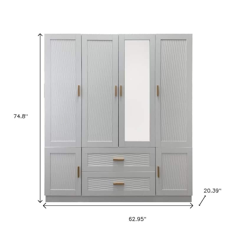 HomeRoots 75" White Ribbed Texture Wood Mirrored Six Door Two Drawer Combo Dresser
