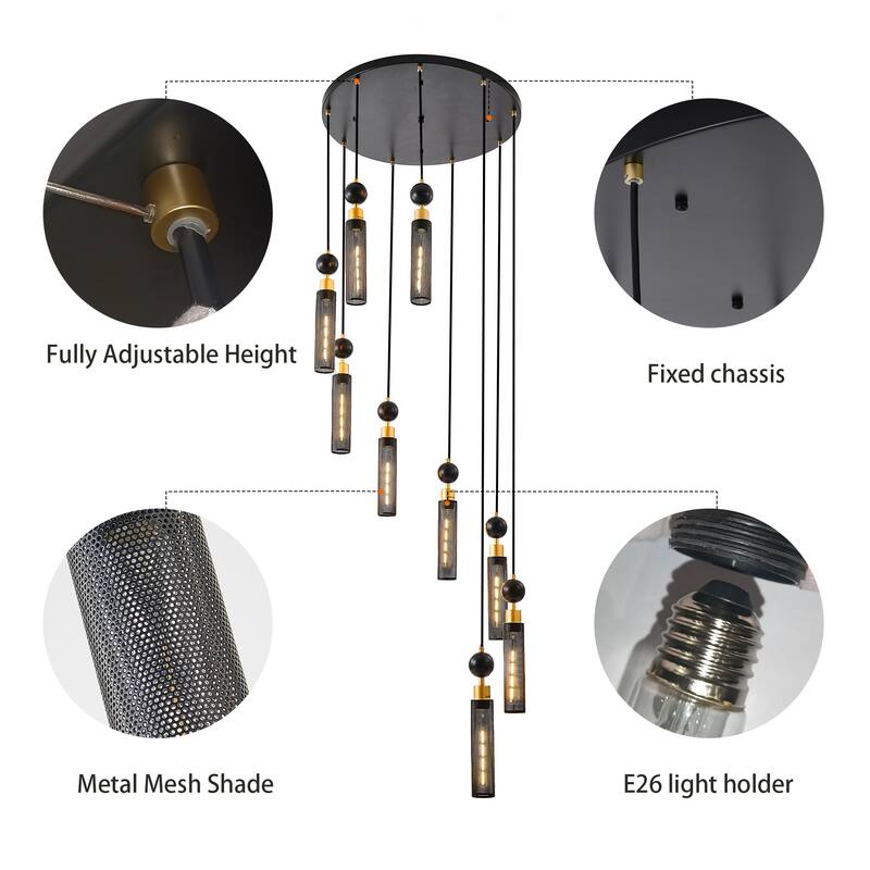 Modern Industrial Multi-Light, Ceiling Light Fixture with Mesh Cylinder Shades, for Living Room, Dining Room