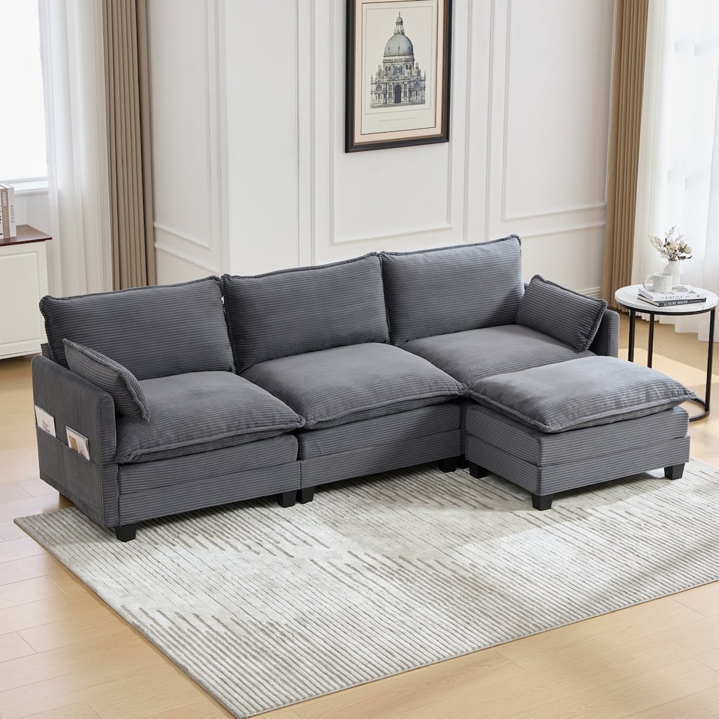 102.95" L-Shaped Corduroy Sectional Sofa with Movable Ottoman