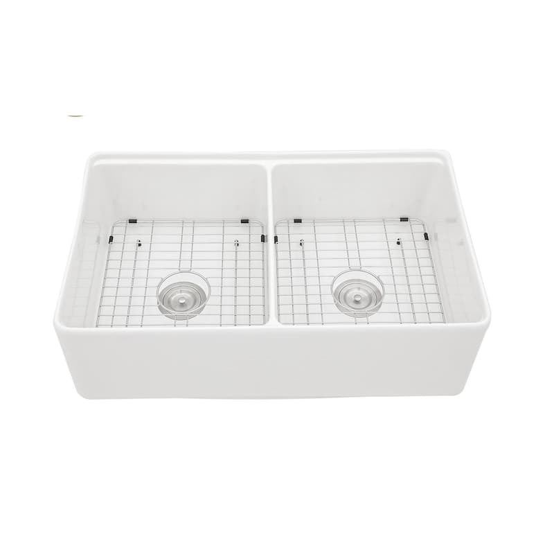 33'' White Farmhouse Double Bowl Ceramic Kitchen Sink - 33'' x 20'' x 10''