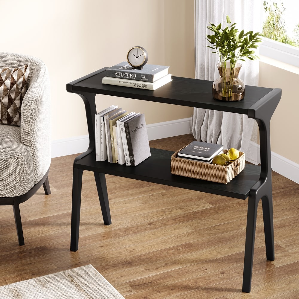 Wood 2-Tier Narrow End Side Chairside Table for Living Room