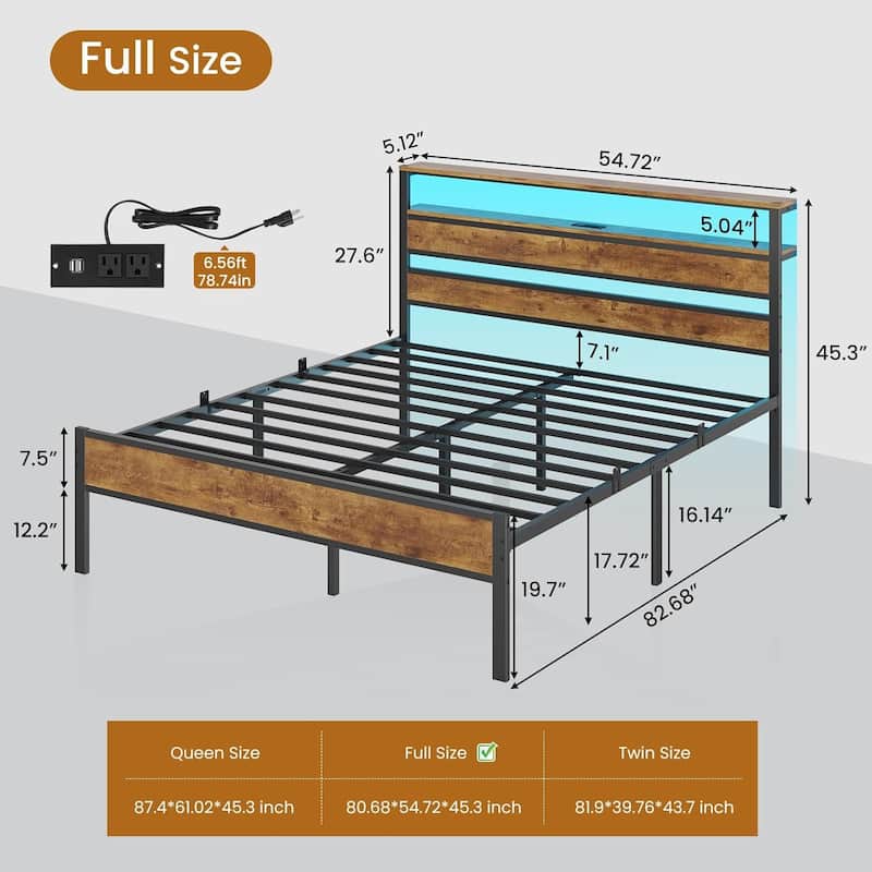 LED Bed Frame with 2 Tier Storage Headboard & Charging Station