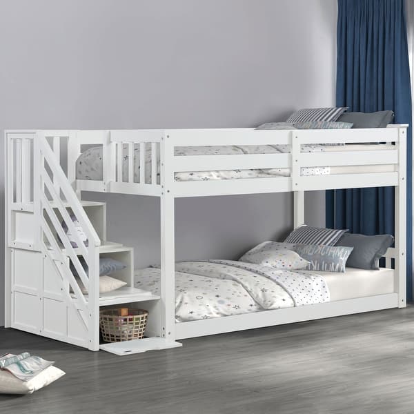 slide 2 of 3, Furniture of America Chalina Modern Pinewood Twin over Twin Low Profile Bunk Bed with 3-Drawer Reversible Storage Staircase White
