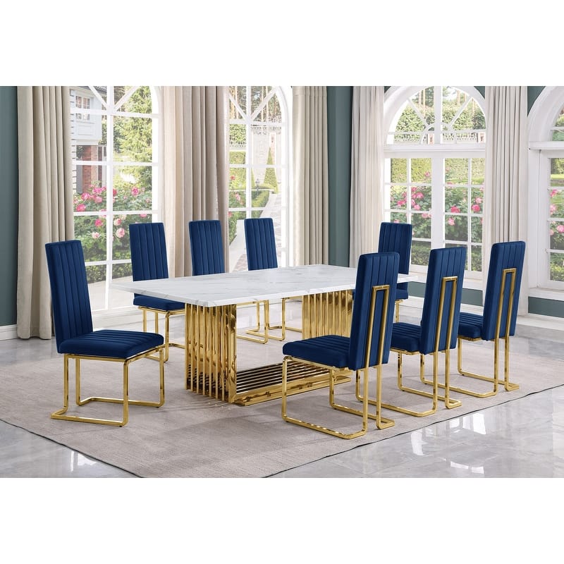 Best Quality Furniture D312/3-SC340-7 Dining Set with 79" White Marble Top - 9-Piece - Navy Blue / Gold