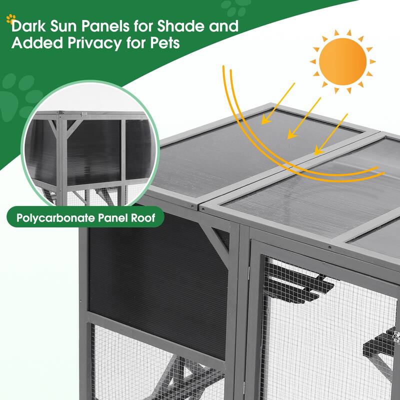 Wood Walk-in Catio Outdoor Cat House Enclosure w/PC Sheet Roof