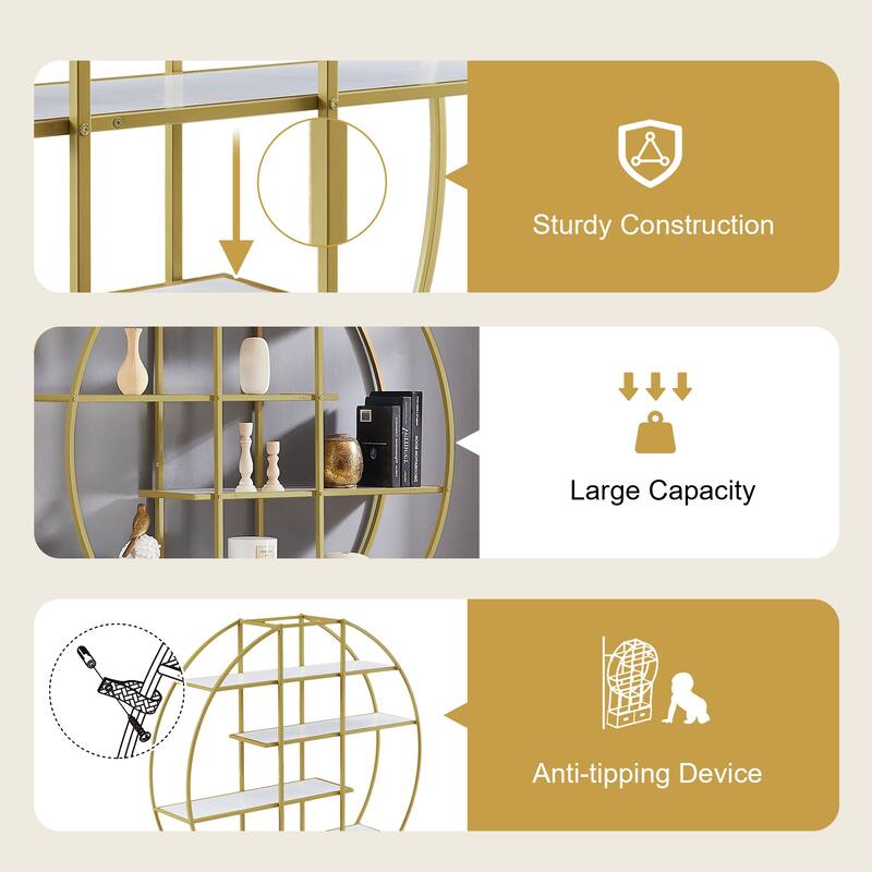 Roomfitters 70.8" Round Bookcase for Office, Bookshelf with Display Shelves and 2 Drawers, Gold Frame, Golden+White