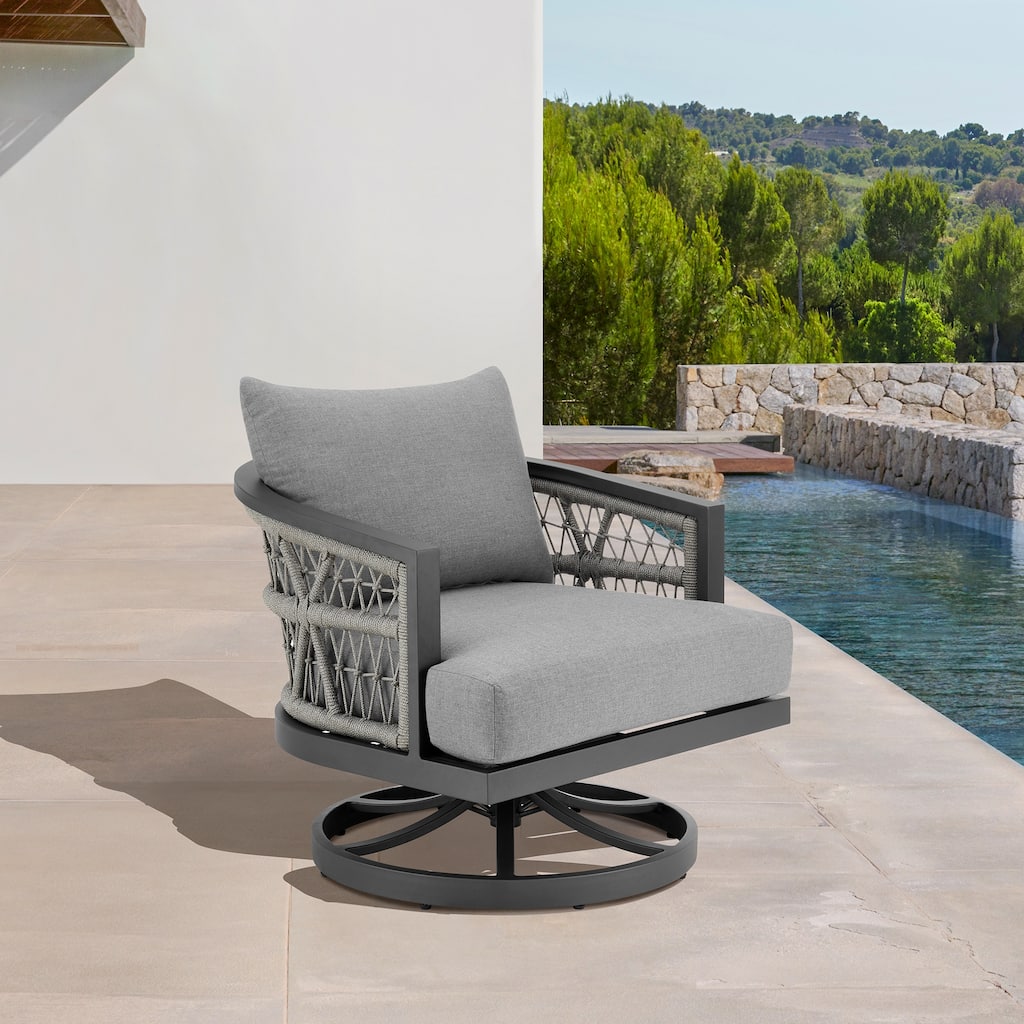 Zella Gray Rope and Aluminum All Weather Swivel Outdoor Patio Arm Chair with Gray Cushions