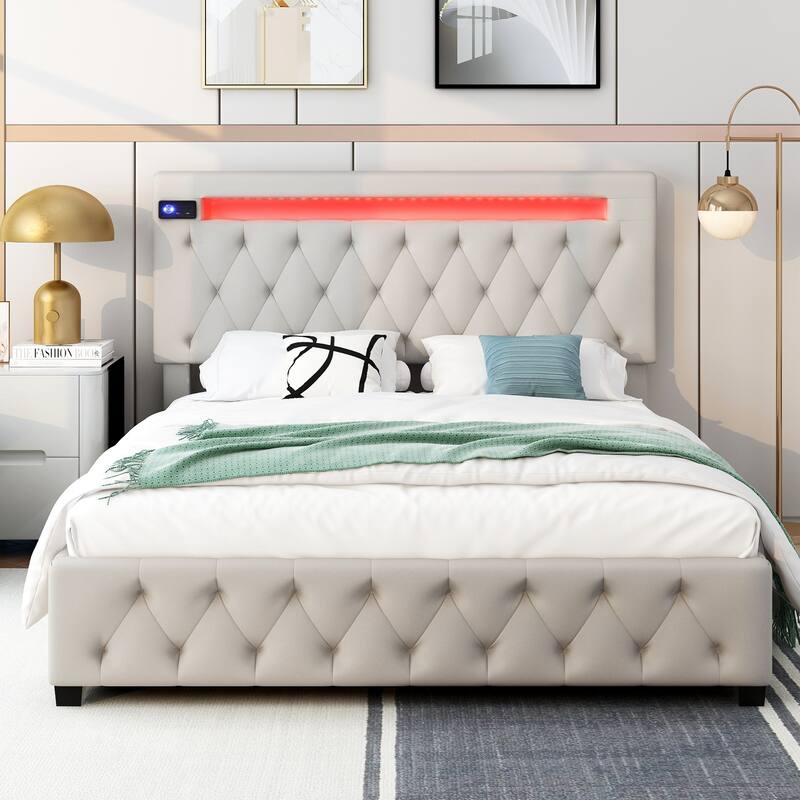 Queen Size Storage Upholstered Platform Bed, Adjustable Headboard