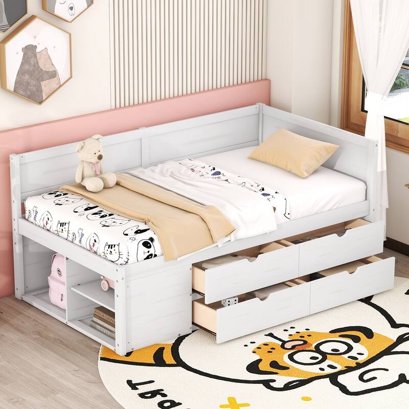 Pine Wood Daybed Frame with 4 Storage Drawers & Shelves - White - Twin
