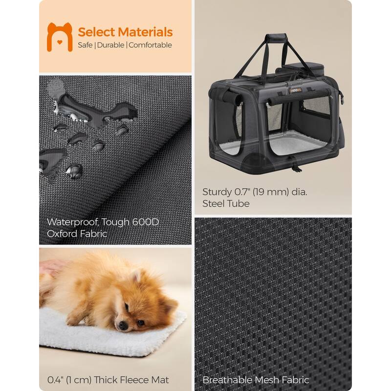 Collapsible Pet Carrier, Oxford Fabric, Mesh, Metal Frame, With Handle, Storage Pockets