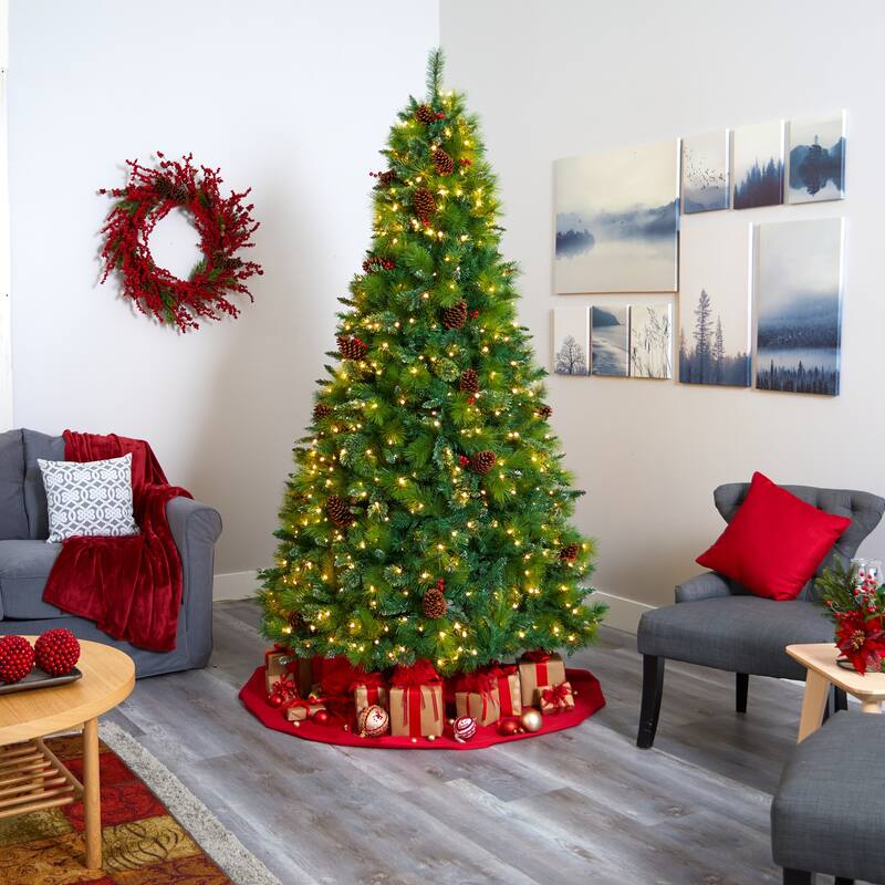 8ft Artificial Christmas Tree with Lights - Holiday Decor, Pine Cones & Berries - Full Size Festive Tree for Home - Green - 96
