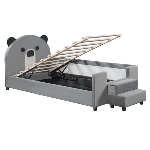 slide 2 of 11, Twin Size Upholstered Bed with Bear Headboard, Hydraulic System, Gray Gray - Twin