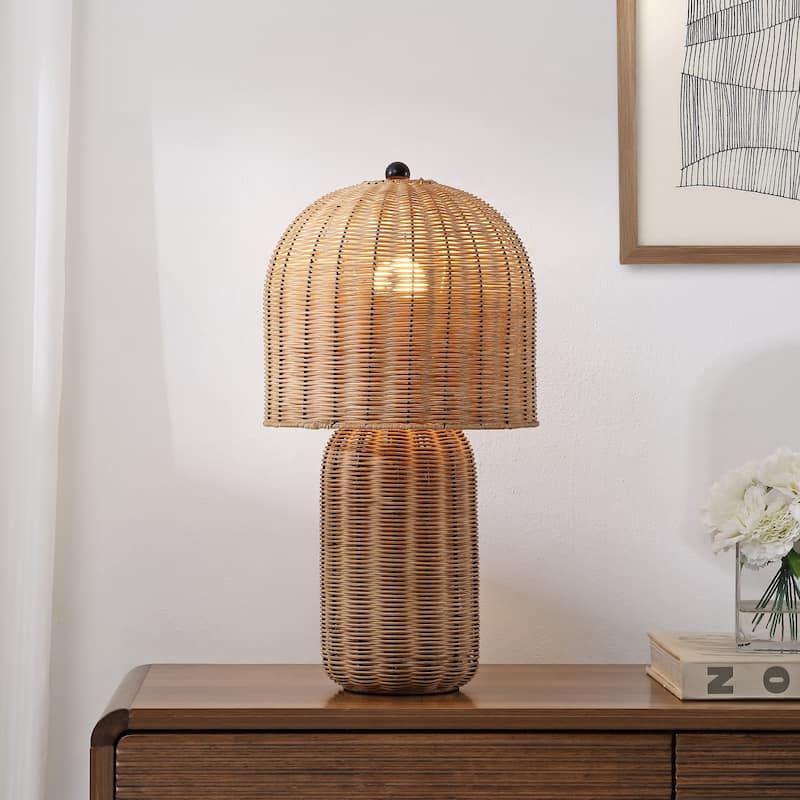 Minna 22.5" Modern Coastal Woven Rattan Arched LED Table Lamp - Natural Brown
