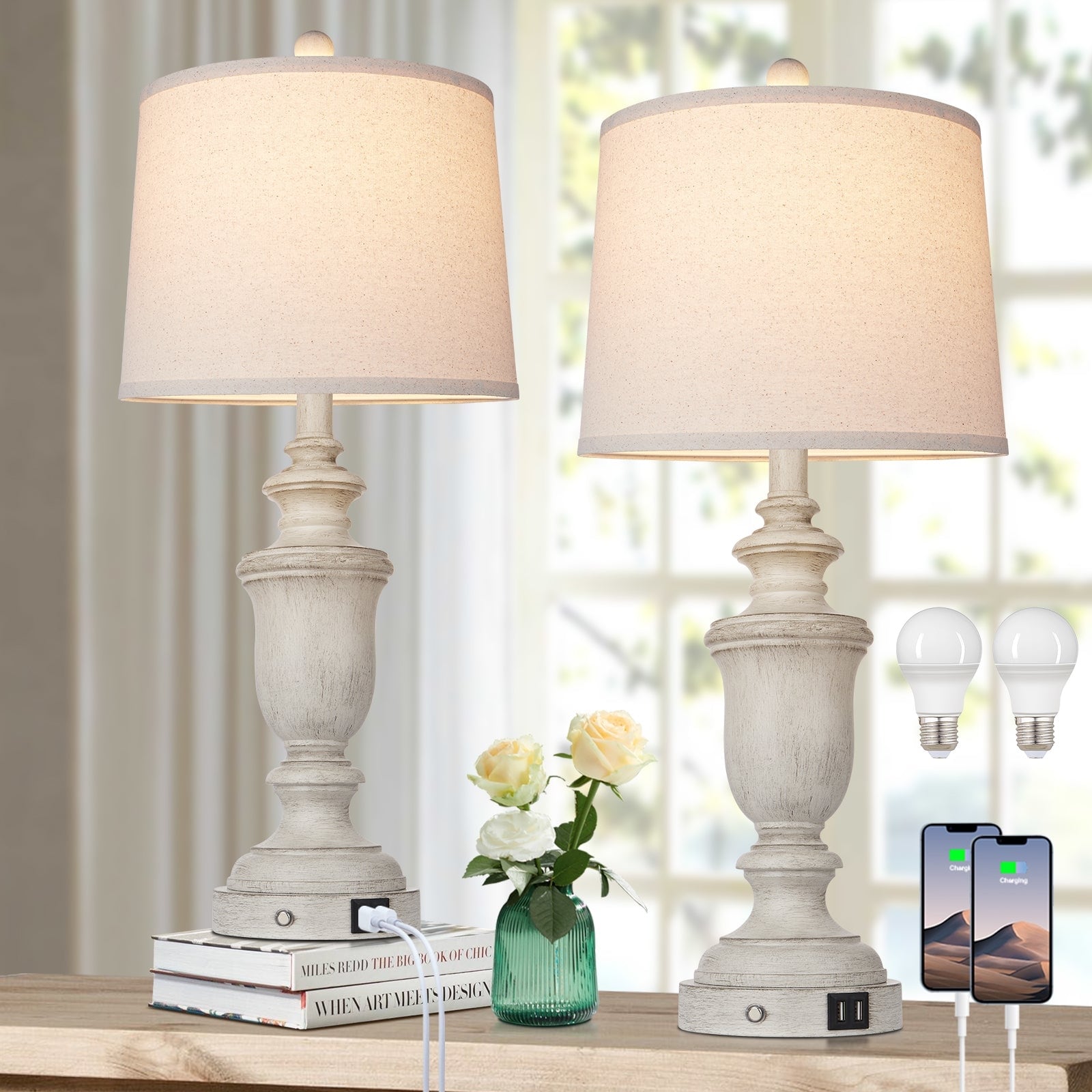 Table Lamps white Resin USB Charging Ports 3-Way Touch Switch(Set of 2)