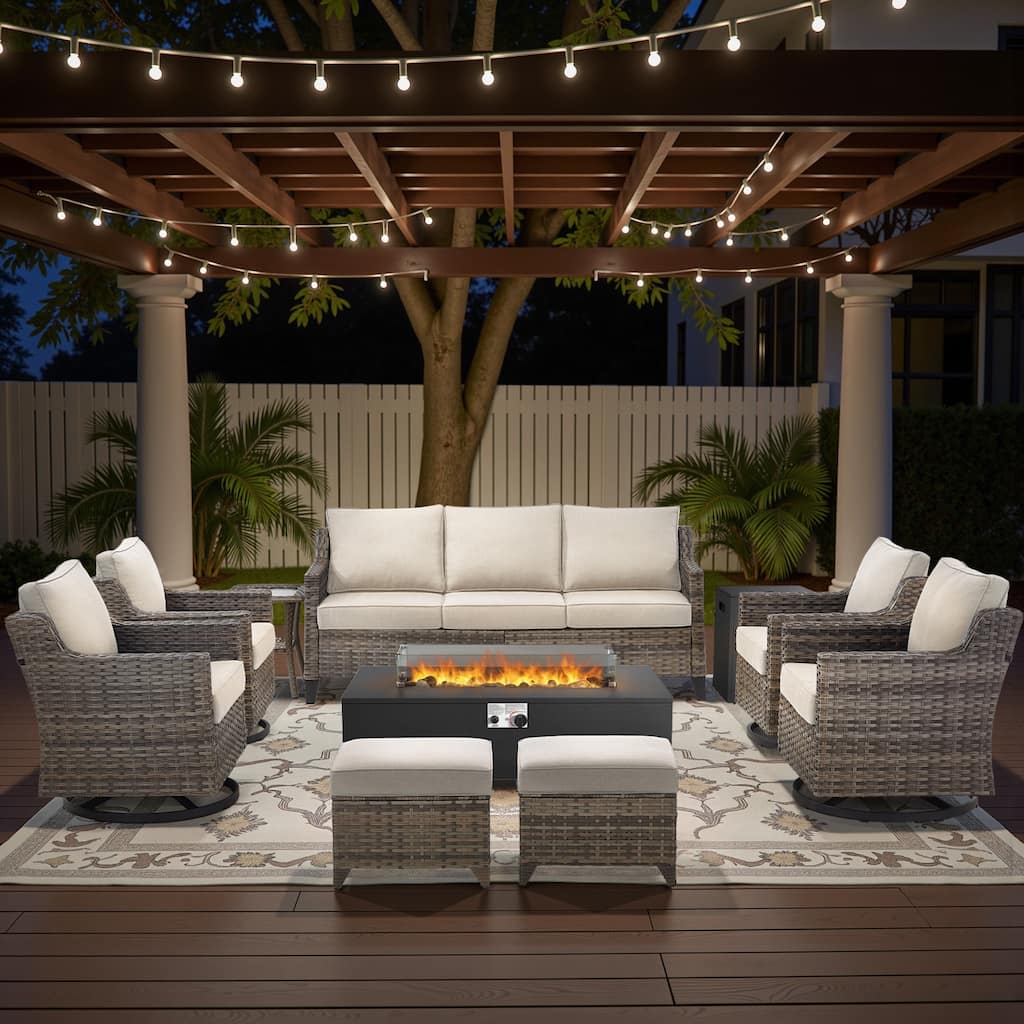 Glissia 9-Piece Gray Wicker Fire Pit Conversation Set with Modern Steel Fire Pit
