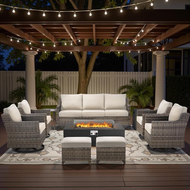 Glissia 9-Piece Gray Wicker Fire Pit Conversation Set with Modern Steel Fire Pit - Beige Cushions - Gray Wicker