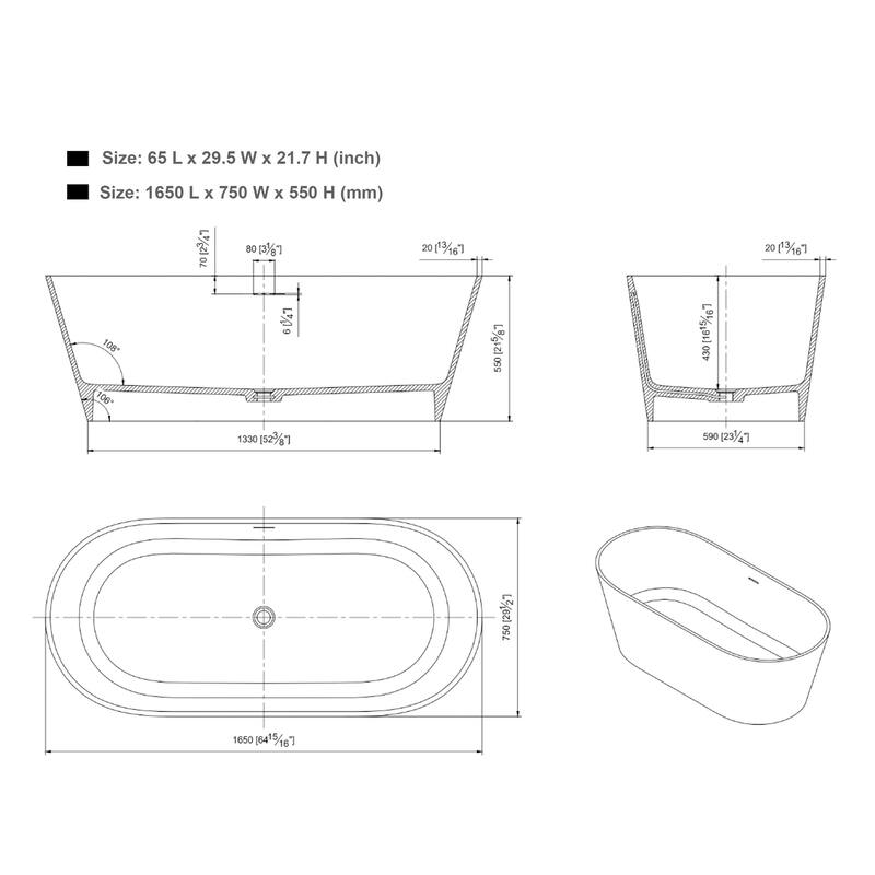 Vanity Art 63" X 37" White Stone Freestanding Soaking Bathtub