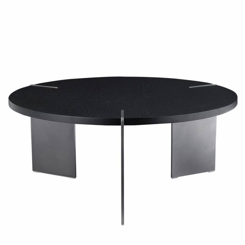 Round Coffee Table with Wood Surface and Black Metal Feet