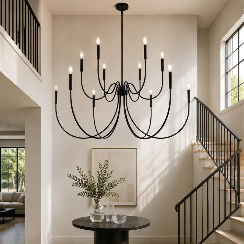 Transitional 12-Light Large Black Chandelier for Living Room and Foyer - D 47.2" x H 27.6"