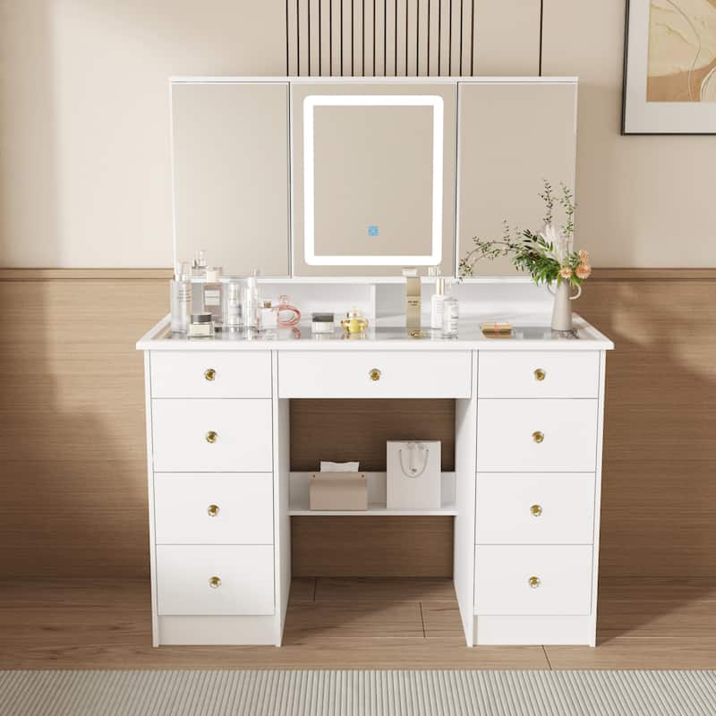 43" White Makeup Vanity Desk with LED Lighted Mirror, Tempered Glass Top, 9 Drawers Storage Dressing Table