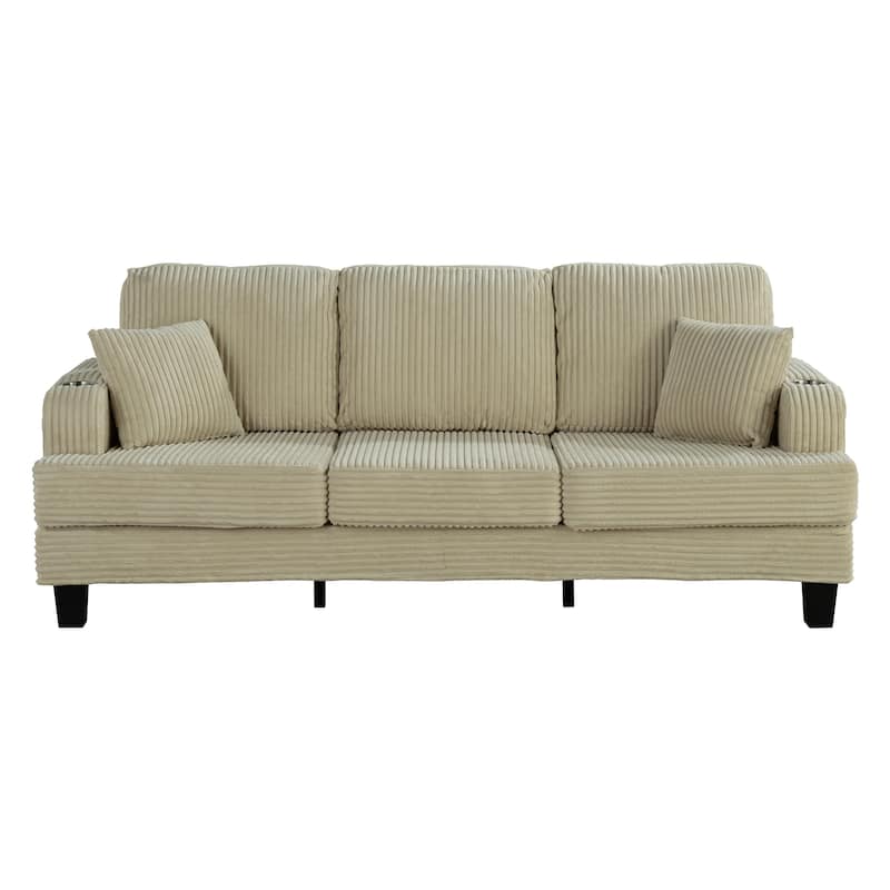 85" Modern Corduroy Rectangle 3-seater Sofa with USB and 2 Pillows