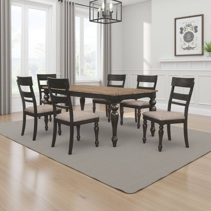 Brad 7pc Dining Table Set, Brushed Hardwood Top, 6 Chairs Light Brown Seats