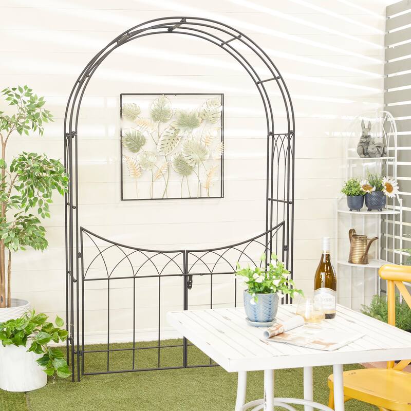 White or Black Metal Traditional Garden Arch Arbor with Gate 86"H - Black