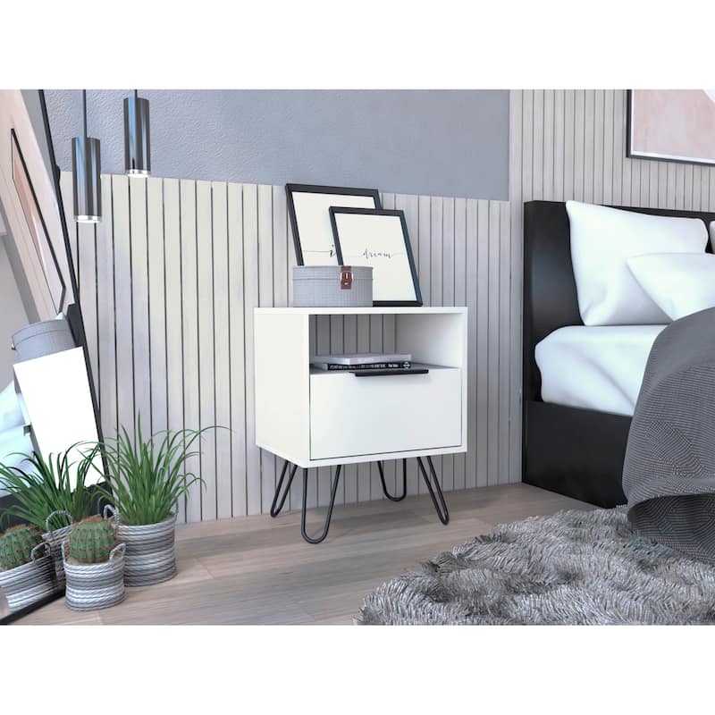 Augusta Nightstand, Single Door Cabinet, Hairpin Legs - White