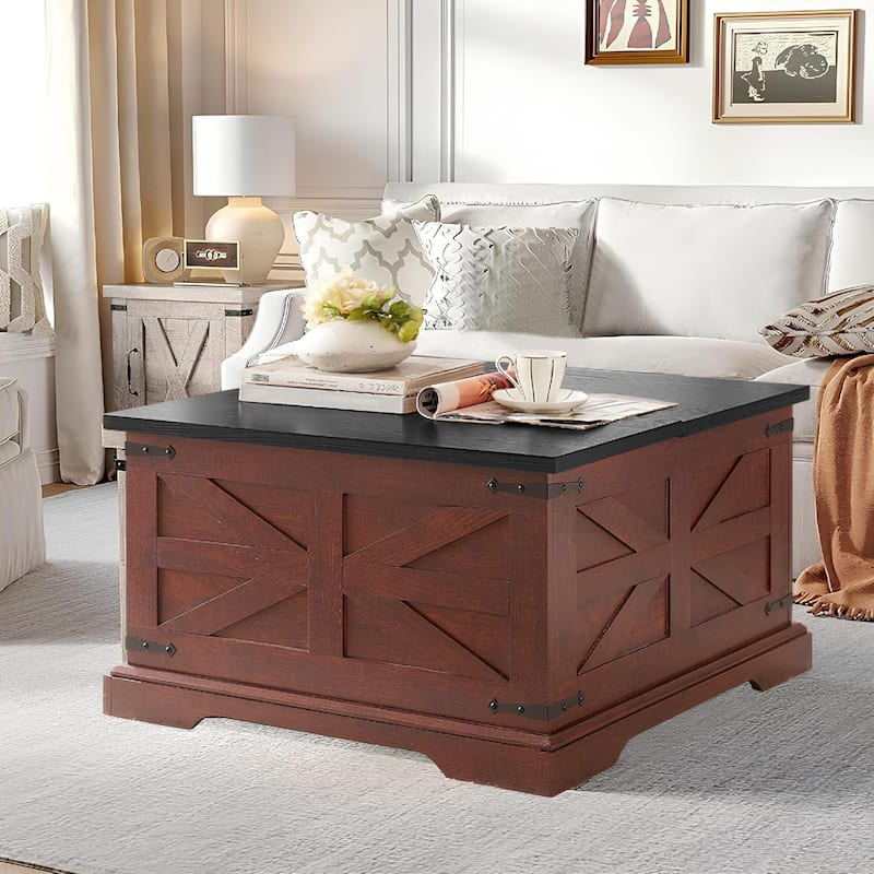 Roomfitters Farmhouse Coffee Table with Lift Top Square, Wood Center Table, Square Wood Center Table with Hidden Storage - Oak