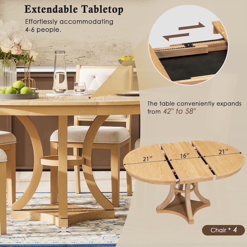 5-Piece Retro Functional Dining Table Set Extendable Round Table and 4 Upholstered Chairs for Dining Room and Living Room