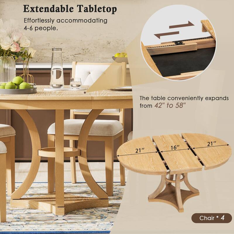 Natural Round Table & 4 Chairs Set with Upholstered Chairs, 5-Piece Retro Dining Set with Extendable Round Table