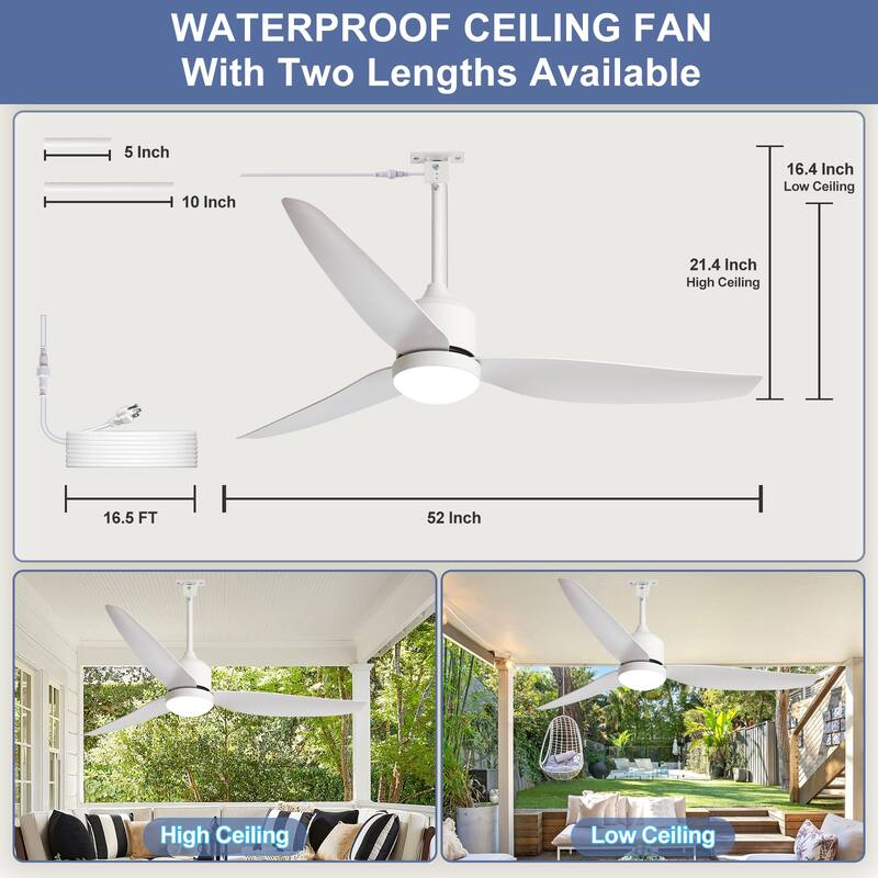 Outdoor Ceiling Fan with Light: 42-52 Inch Hanging - Plug in Waterproof Fans for Patio - Dimmable Remote App Control Black