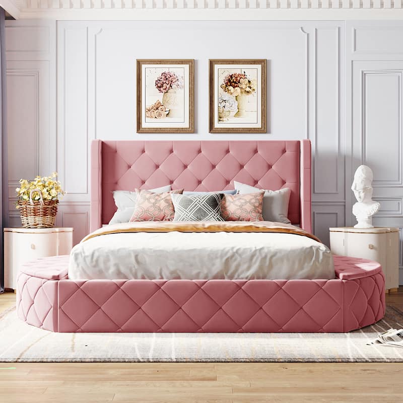 Queen Size Upholstered Platform Bed with Wingback Headboard, Storage Drawer, and Side Stools in Velvet