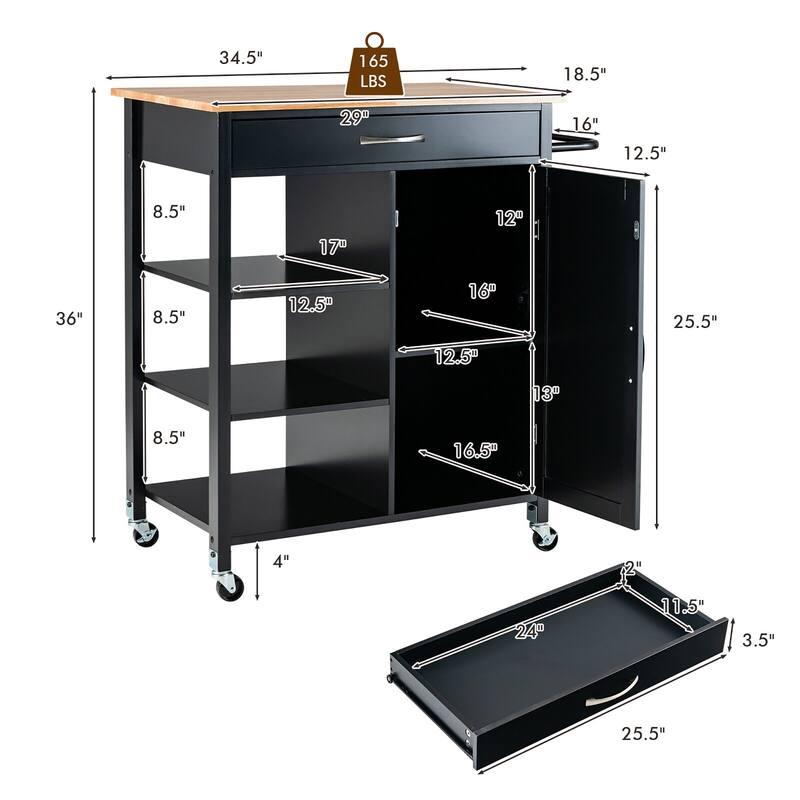 Gymax Mobile Kitchen Island Cart Serving Utility Trolley Drawer Shelf