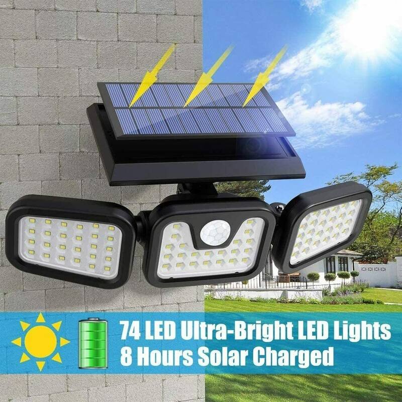 3 Heads 74 LED Solar Security Wall Lights Outdoor Garden Lamp