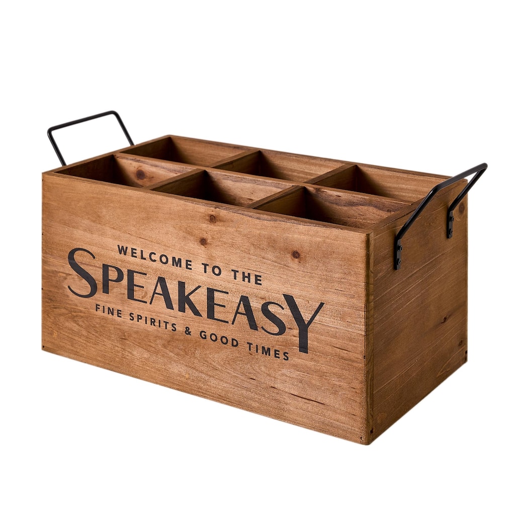 American Art Decor The Speakeasy Wood Crate Bottle Holder with Metal Handles - 7" H x 14" L x 8" D