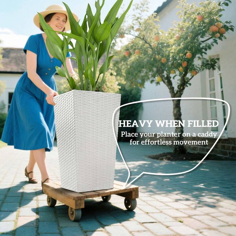 Outsunny Tall Planters for Outdoor Plants Set of 3, 24 In Taper Planters with Drainage Holes, Rattan Decor Plant Pots