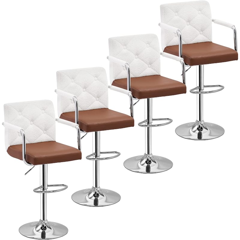 VECELO Height Adjustable Bar Stools Set of 4 Swivel PU Leather Barstool with Back and Arms for Kitchen Island - White and Brown