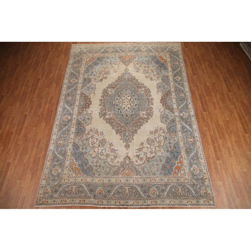 Hand Knotted Oriental 100% Wool Carpet Traditional Medallion Beige & Ivories Tabriz Area Rug - 12' 10'' X 9' 2''