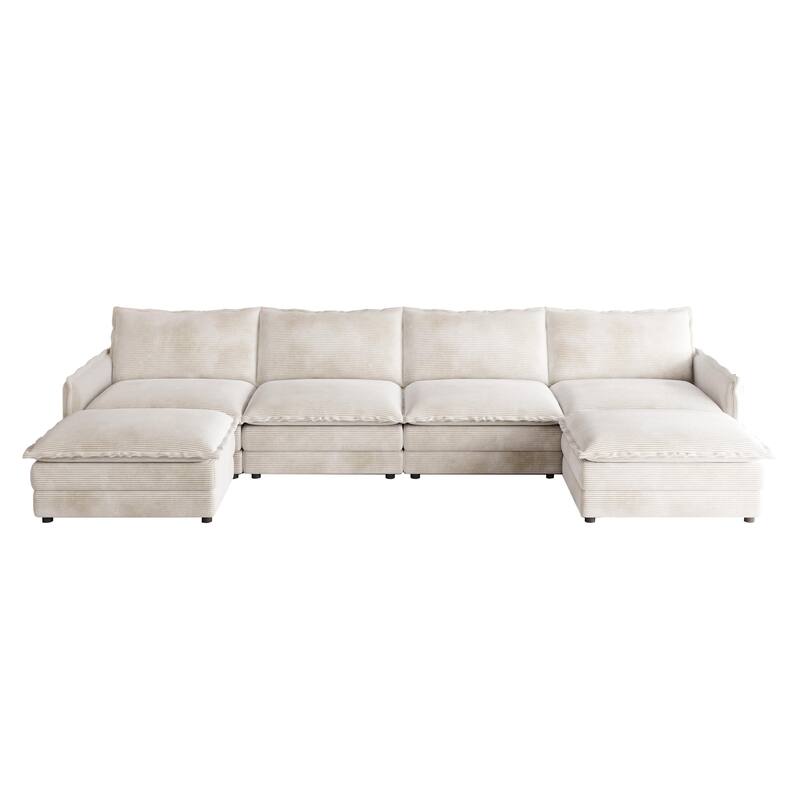 4-Seater Couch with 2 Ottomans, Corduroy Upholstered Cloud Sectional Deep Seat Sleeper Sofa U-Shaped Modular Couch