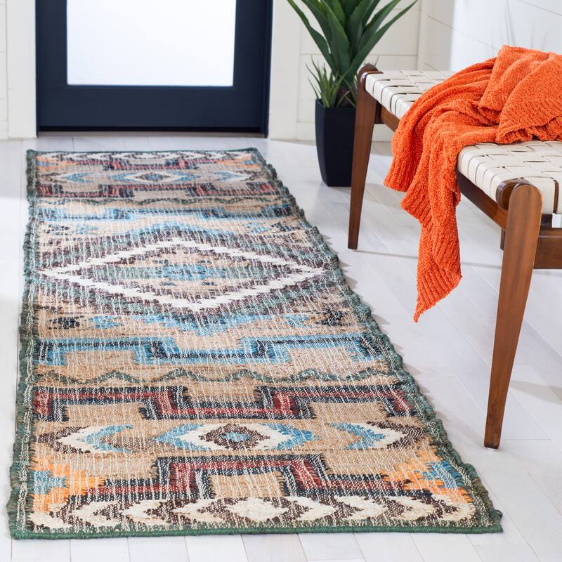 SAFAVIEH Flatweave Kilim Herna Jute Rug - 2'3" x 7' Runner - Natural/Blue