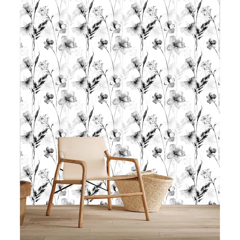 Black Watercolor Wild Floral Peel and Stick Wallpaper - 24'' W x 10' L