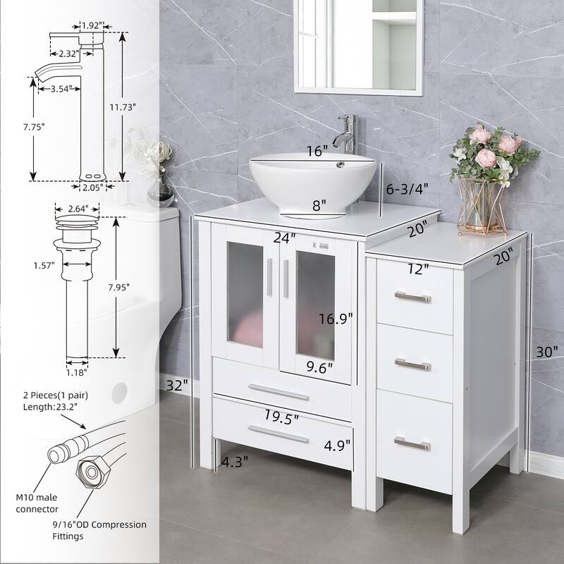 36" White Bathroom Vanity Sink Set with Side Cabinet Vessel Sink Faucet Combo